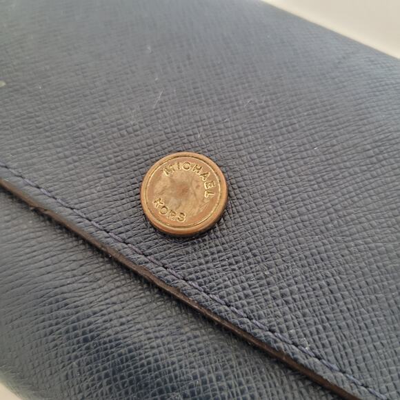 Michael Kors MK Navy Blue Color Block Wallet Clutch Large Logo Saffiano Leather - Picture 10 of 12